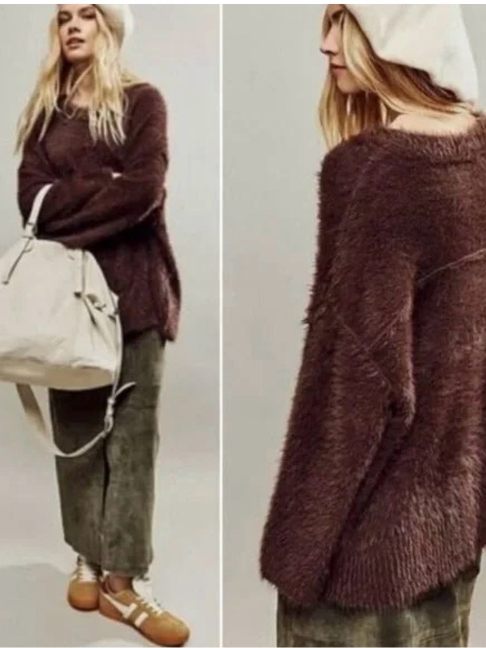 Free People Fuzzy Off-the-Shoulder Sweater — Chocolate Brown